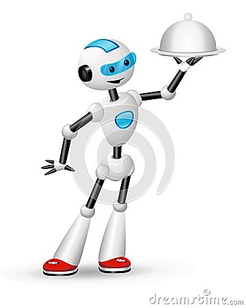 Cute robot waiter with cloche Cartoon Illustration