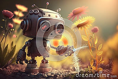 cute robot watering flower garden, with sun shining in the background Stock Photo