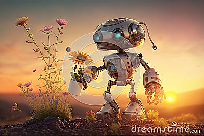 cute robot watering flowers in garden, with view of the sunset Stock Photo