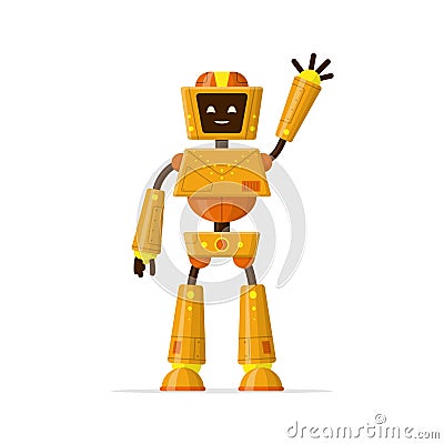 Cute robot waving with hand gesturing hi isolated on white background. Funny futuristic bot with smiling friendly face Vector Illustration