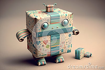 cute robot wrapping present with different color and pattern papers Stock Photo