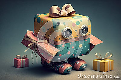 cute robot wrapping present with different color and pattern papers Stock Photo