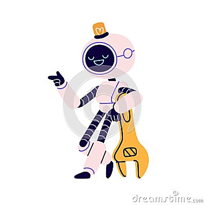 Cute robot with wrench in retro futuristic style. Android serviceman with spanner, fixing tool. Robotic mechanic Vector Illustration