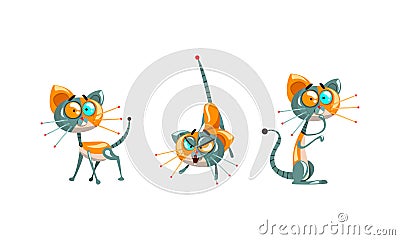Cute Robotic Cat with Metal Tail and Whiskers Fuffing and Sitting Vector Set Vector Illustration