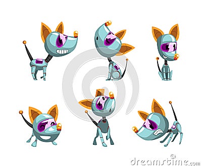 Cute Robotic Dog with Metal Tail Sitting and Walking Vector Set Stock Photo