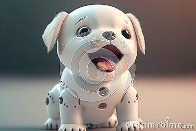 Cute robotic puppy on empty background. White happy little dog robot. Futuristic pet assistant powered by artificial intelligence Stock Photo