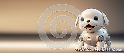 Cute robotic puppy on empty background. White happy little dog robot. Futuristic pet assistant powered by artificial intelligence Stock Photo