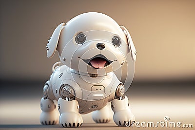 Cute robotic puppy on empty background. White happy little dog robot. Futuristic pet assistant powered by artificial intelligence Stock Photo