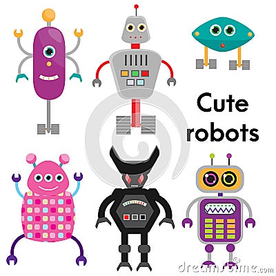 Cute robots character set. vector illustration, isolated design elements Vector Illustration