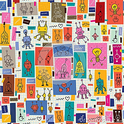 Cute robots collage cartoon retro doodle pattern Vector Illustration