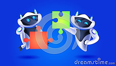 cute robots putting puzzle parts together modern robotic characters team solving problems artificial intelligence Vector Illustration