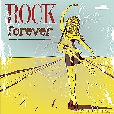 Cute rock girl with guitar Vector Illustration