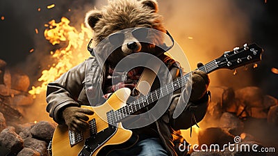 cute rock star bear playing guitar. , kids wear fashion design, baby shower. generative ai Stock Photo