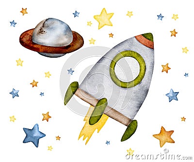 Cute rocket and stars watercolor painting Stock Photo
