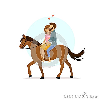 Cute romantic cartoon couple in love horseback riding Vector Illustration