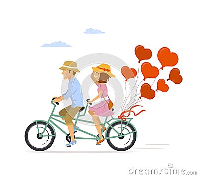 Cute romantic cheerful couple riding tandem bike Vector Illustration