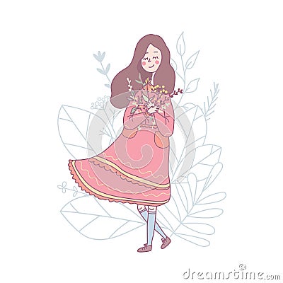 Cute romantic girl with spring flowers Vector Illustration