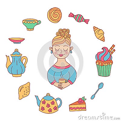 Cute romantic girl tea coffee sweets doodle vector set Vector Illustration