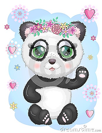 Cute romantic panda with wreath of flowers Stock Photo