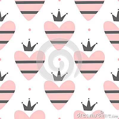 Cute romantic seamless pattern. Repeated striped hearts with crowns and dots. Vector Illustration