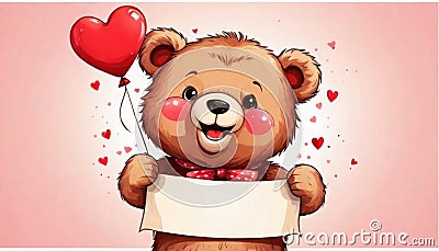 Cute happy romantic teddybear holding a blank banner with copy space Cartoon Illustration