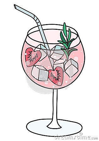 Cute romantic Valentines day pink gin and topic cocktail in balloon glass garnished with juniper and heart shaped Vector Illustration