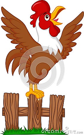 Cute rooster cartoon crowing on the fence Vector Illustration