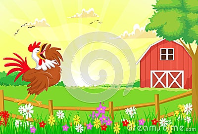 Cute rooster crowing in the farm fence Vector Illustration