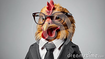 Cute rooster in glasses and a business suit comical stylish boss manager Stock Photo