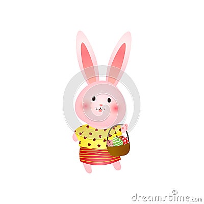 Cute rosy easter bunny with basket of eggs isolated on white background Vector Illustration