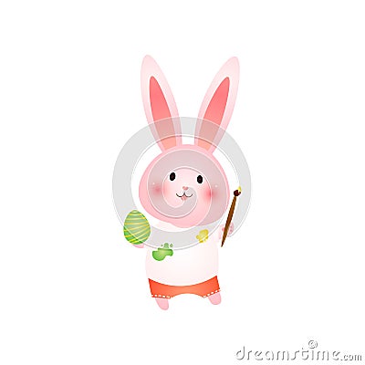 Cute rosy easter bunny paints egg with brush isolated on white background Vector Illustration