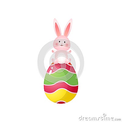 Cute rosy easter bunny on top of big painted egg isolated on white background Vector Illustration
