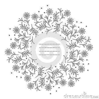 Cute round frame with chamomile flowers and leaves isolated on w Vector Illustration