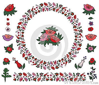 Cute round made of poppies and tulips with endless border isolated on white Vector Illustration