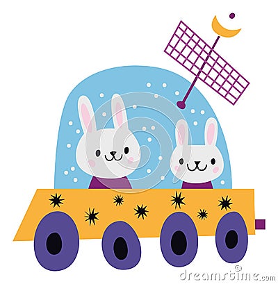 Cute rover with funny animals. Space planet exploration Vector Illustration