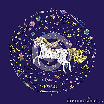 Cute running magic unicorn with constellations, stars, crystals, hearts and lettering isolated on blue Vector Illustration