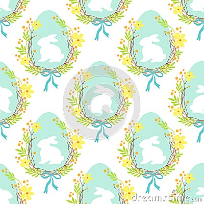 Cute rustic hand drawn Easter seamless pattern with wreath of spring flowers, egg and bunny Vector Illustration