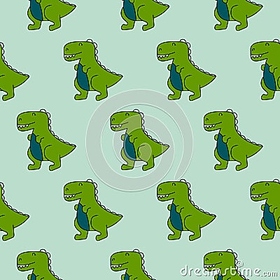 Cute 90s dinosaurs green seamless vector pattern. Vector Illustration