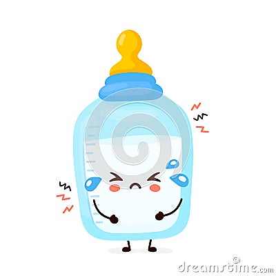 Cute sad baby bottle with nipple pacifier Vector Illustration