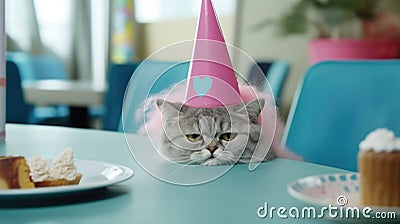 Cute sad cat celebrate birthday. Unhappy kitty wear pink cone hat. lonely animal Stock Photo