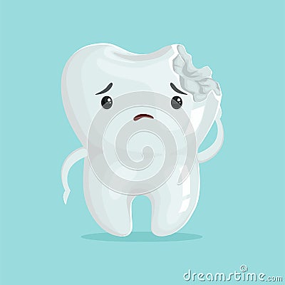 Cute sad cavity cartoon tooth character, childrens dentistry, dental care concept vector Illustration Vector Illustration