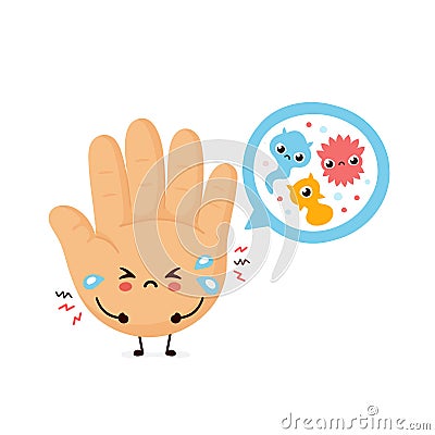 Cute sad human hand and microscopic bacterias Vector Illustration