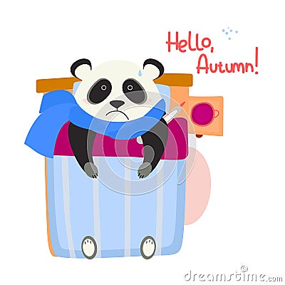 Cute sad panda is sick, flat vector illustration Vector Illustration