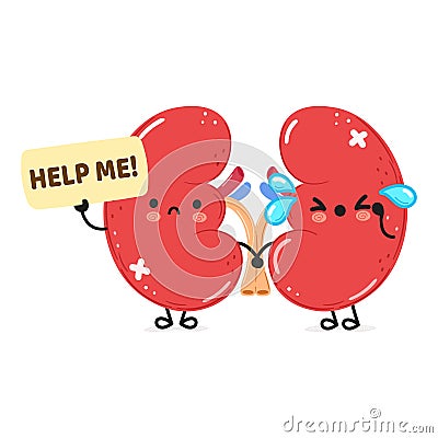 Cute sad sick Kidneys organ asks for help character. Vector hand drawn cartoon kawaii character illustration icon Vector Illustration