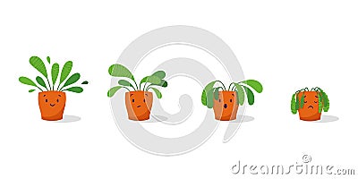 Cute sad wilted plant in a pot. Stages of withering, abandoned and scared houseplant without watering and care. Potted plant dying Vector Illustration