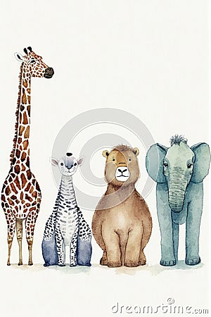 Cute safari animals. Unreal. Wild animals, water paints, watercolors Cartoon Illustration