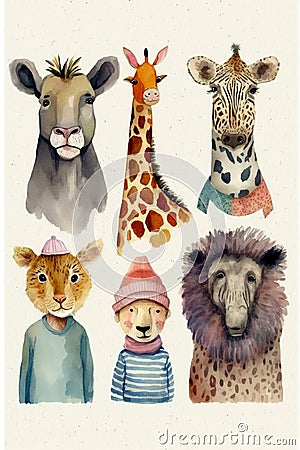 Cute safari animals. Unreal. Wild animals, water paints, watercolors Cartoon Illustration
