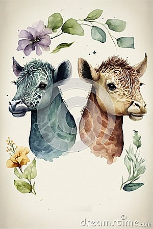 Cute safari animals. Unreal. Wild animals, water paints, watercolors Cartoon Illustration