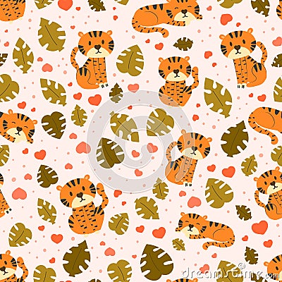 Cute safari pattern with cyte tiger character in different poses, ornament for bedding, textile or wrapping paper Vector Illustration