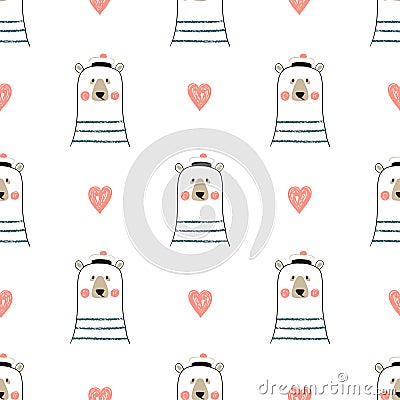 Cute sailor bear seamless pattern for kids. Vector Illustration